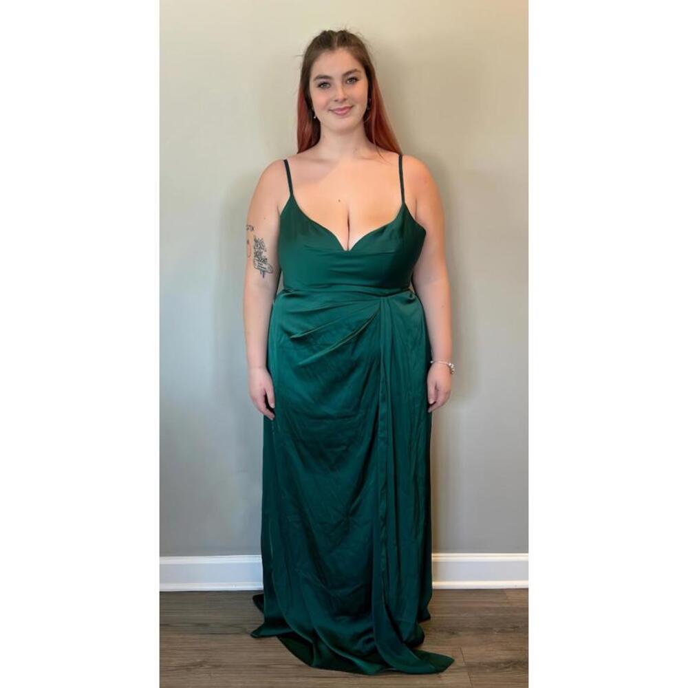 Azazie Brielle Emerald Stretch Satin A-Line Cowl Bridesmaids Dress (Size 16)